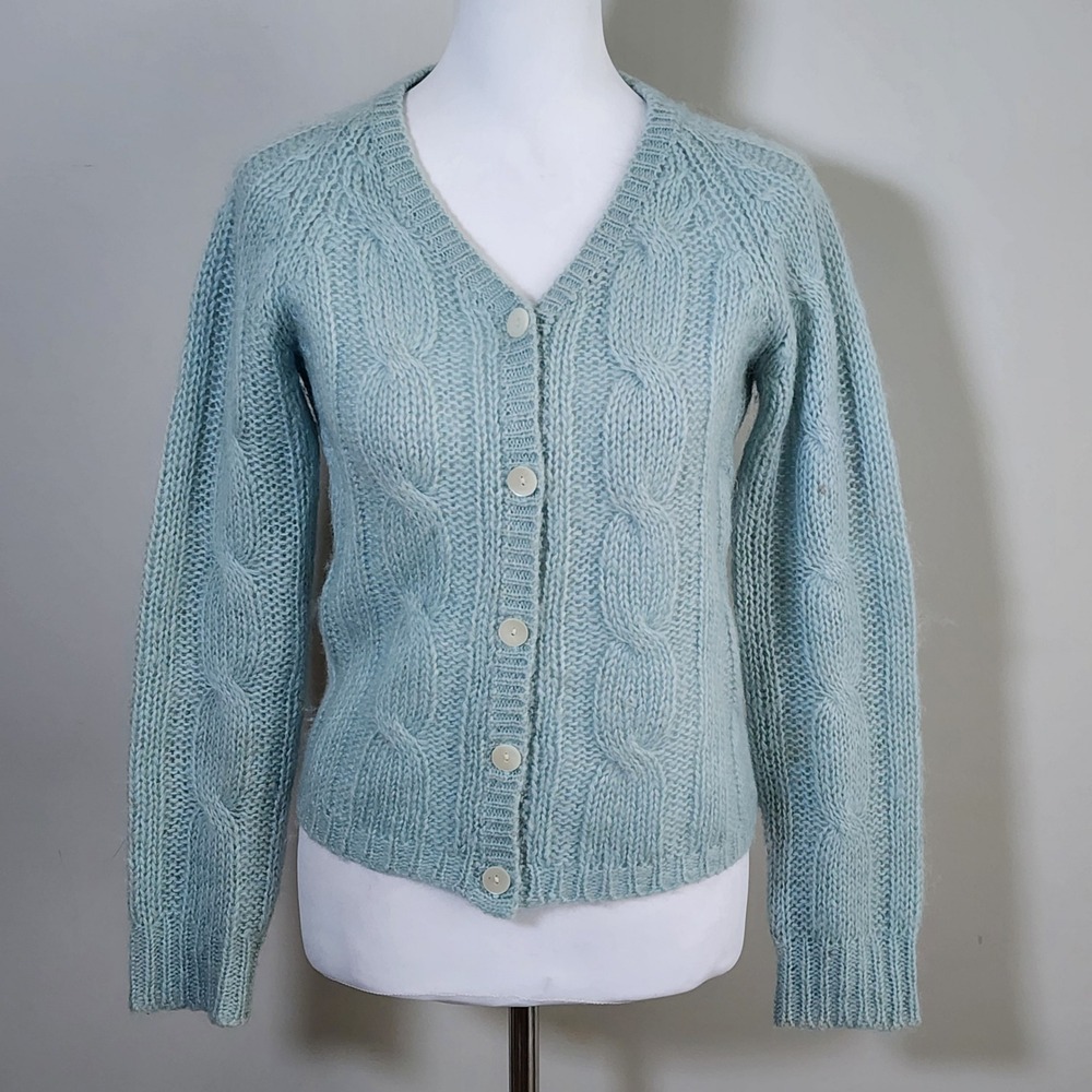 Club Monaco Mohair Blend Cardigan Womens Small Blue Cable Knit Chunky Soft 90s